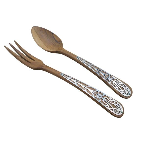 Wooden Salad Serving Fork and Spoon Set with Silver Embellishments Vintage MCM - Picture 1 of 7
